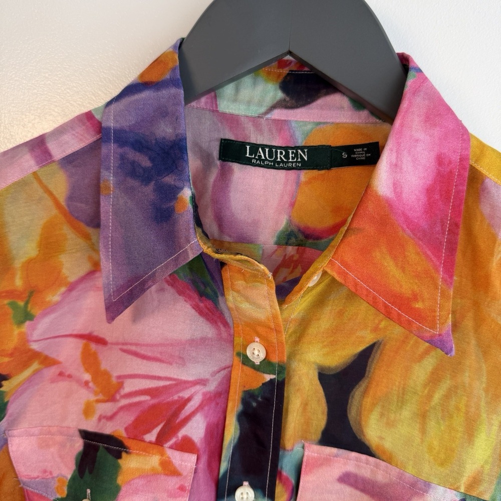LRL Ralph Lauren Womens S Button Up Floral Silk Cotton Blouse Shirt Watercolors - Picture 2 of 15